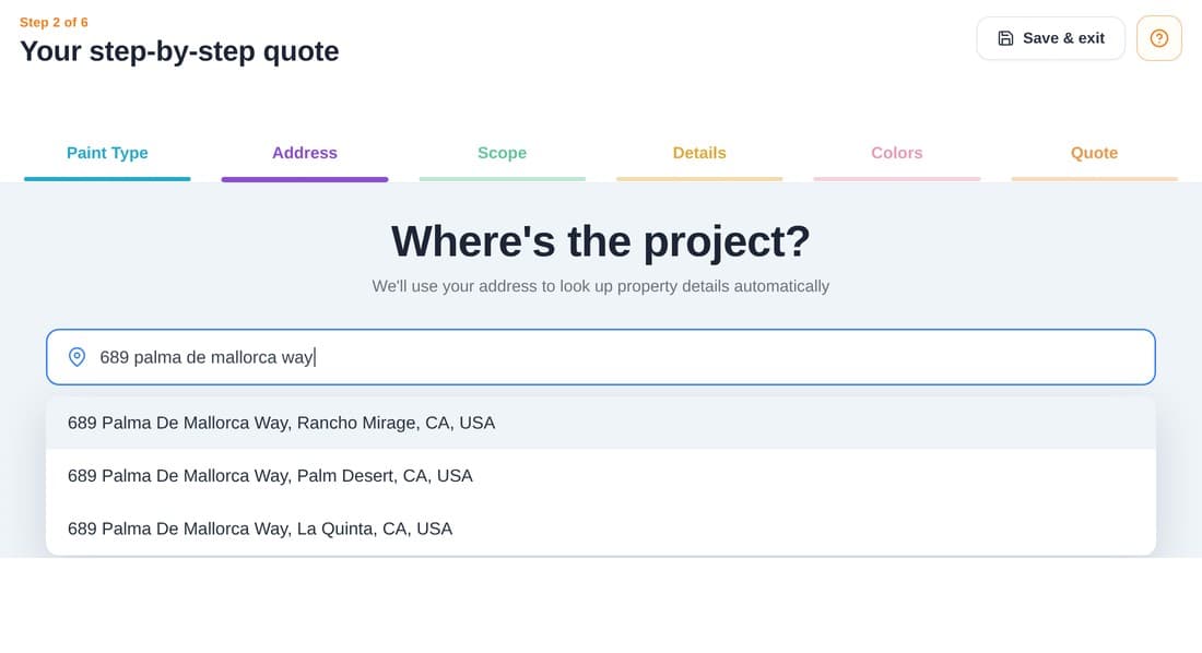 Rollur Estimator step 2: entering your address