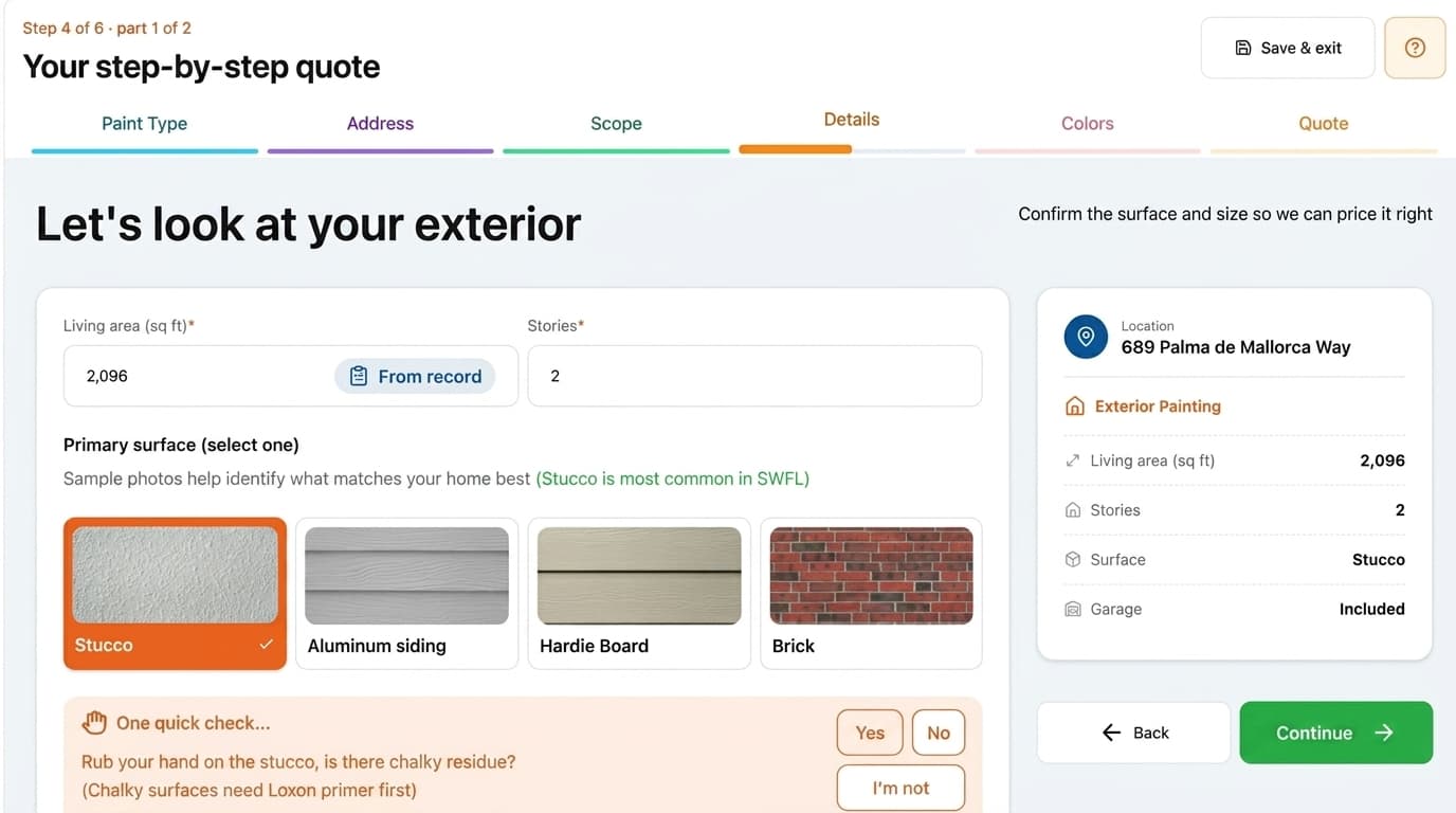 Rollur Estimator step 4: selecting your exterior surface and options