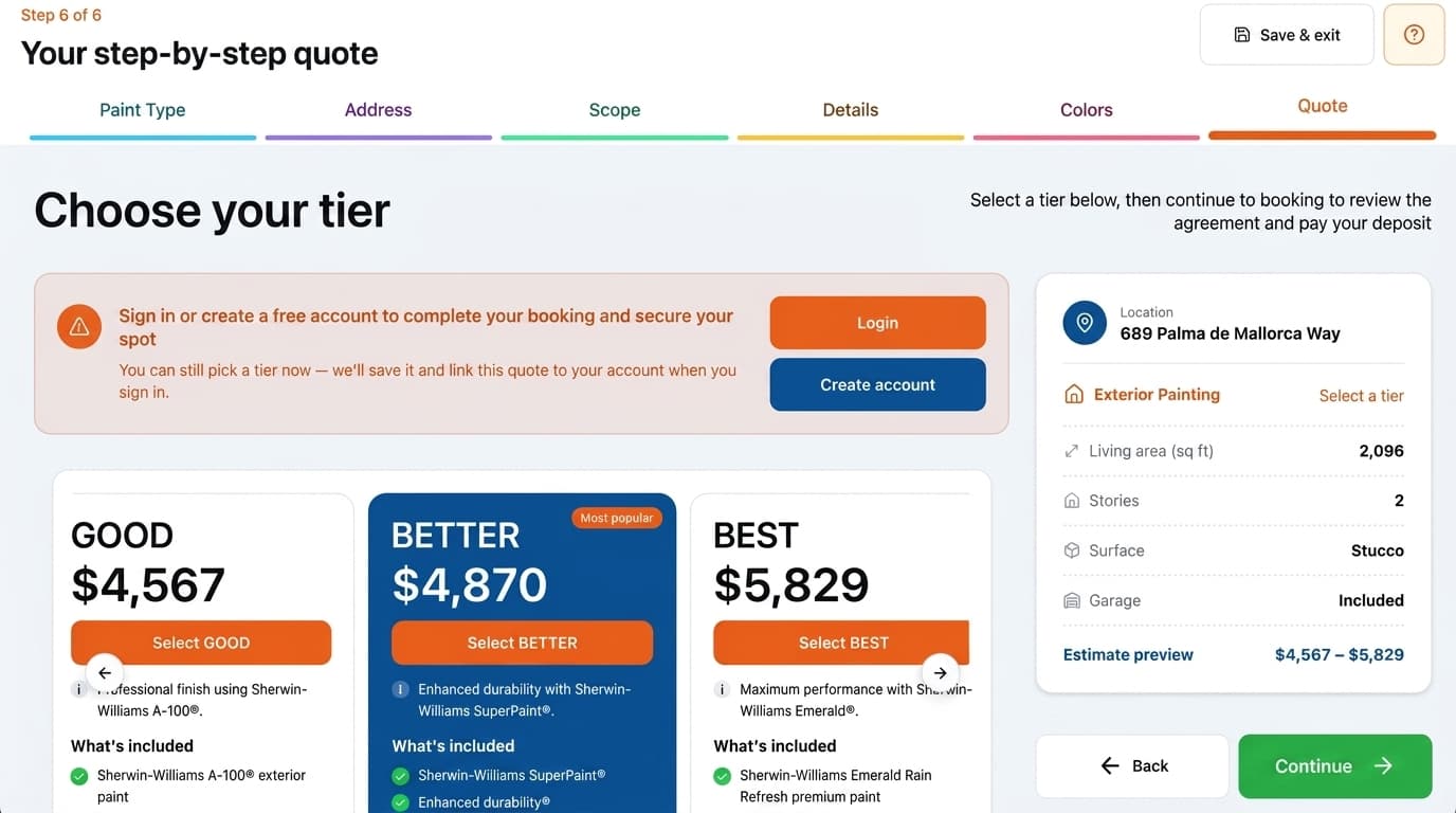 Rollur Estimator step 6: choosing between Good, Better, and Best pricing tiers
